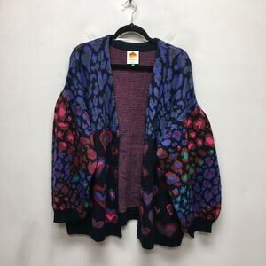 Farm Rio Women Ikat Dyed Hearts Balloon Sleeve Open Front Wool Blend Cardigan XL